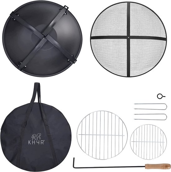Onderdelen van de vuurschaal: deksel, grillrooster, kolenrooster, opbergtas en BBQ-tools.