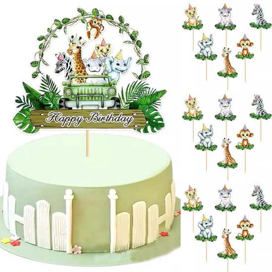 Taarttopper met jungle dieren in jeep, en losse cupcake toppers met dieren.