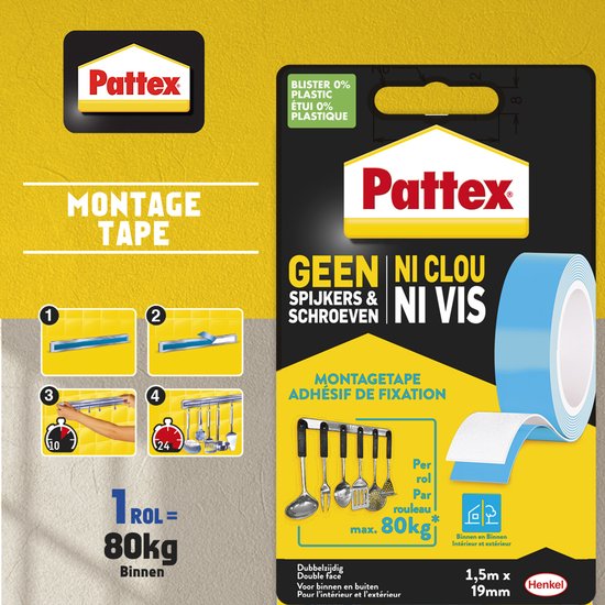 Pattex Montagetape dubbelzijdig 80kg | Voor binnen gebruik| 1.5m Dubbel Montage tape | Dubbelzijdige Plak-tape.