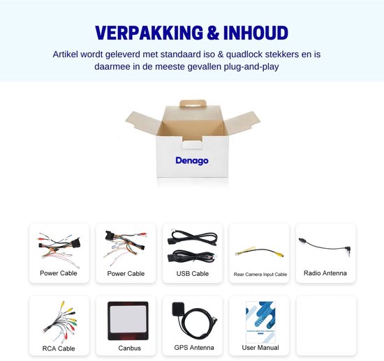 Verpakking en inhoud van de autoradio: Doos met Denago logo, Power Cable, USB Cable, Rear Camera Input Cable, Radio Antenna, RCA Cable, Canbus, GPS Antenna, User Manual.