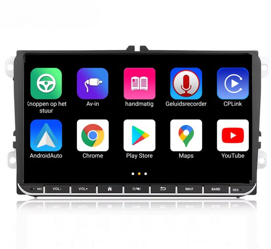Touchscreen autoradio met iconen voor knoppen op het stuur, Av-in, handmatig, Geluidsrecorder, CPLink, AndroidAuto, Chrome, Play Store, Maps, YouTube.