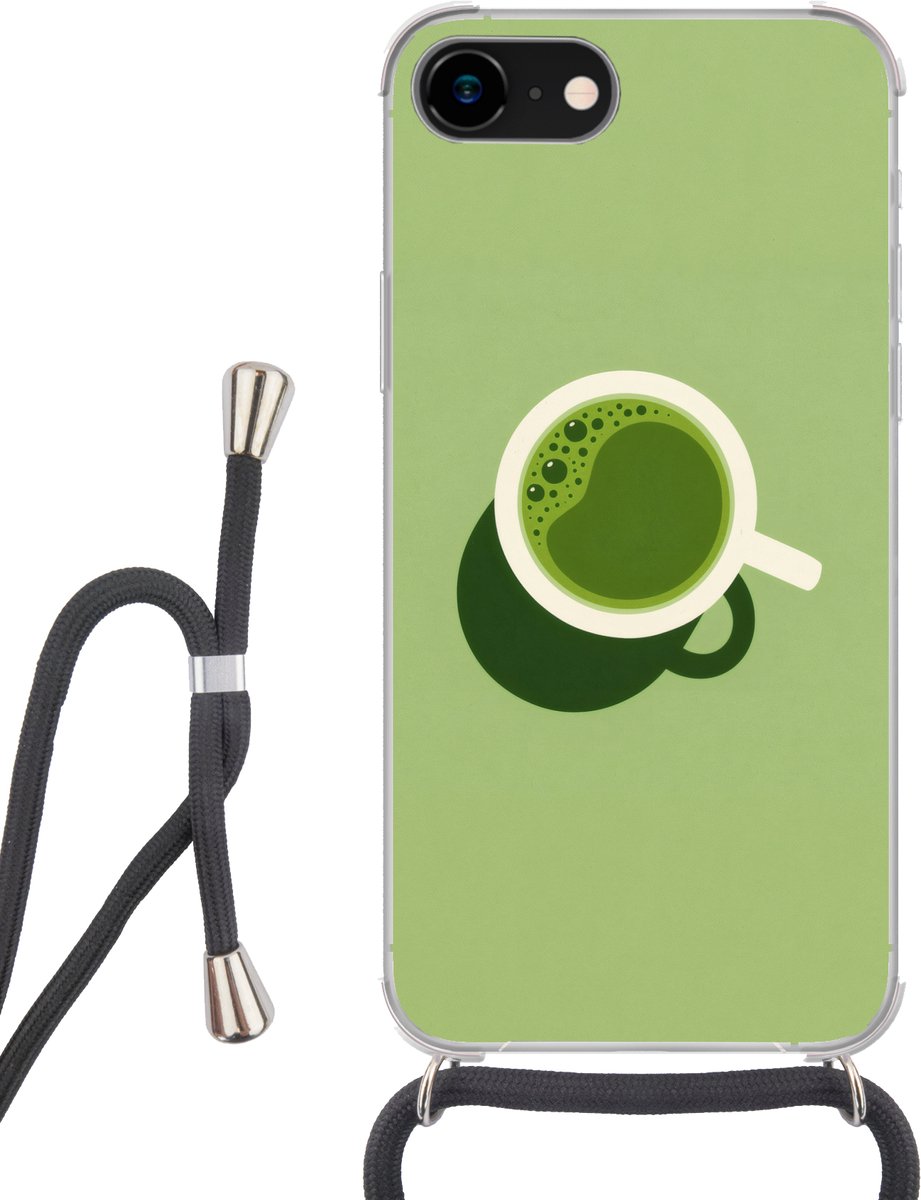 Telefoonhoesje Geschikt voor iPhone 7 - Minimalistisch - Kopjes - Matcha -Groen - Siliconen - Crossbody - Backcover met Koord - Telefoonhoesje met koord - Hoesje met touw Telefoonhoesje