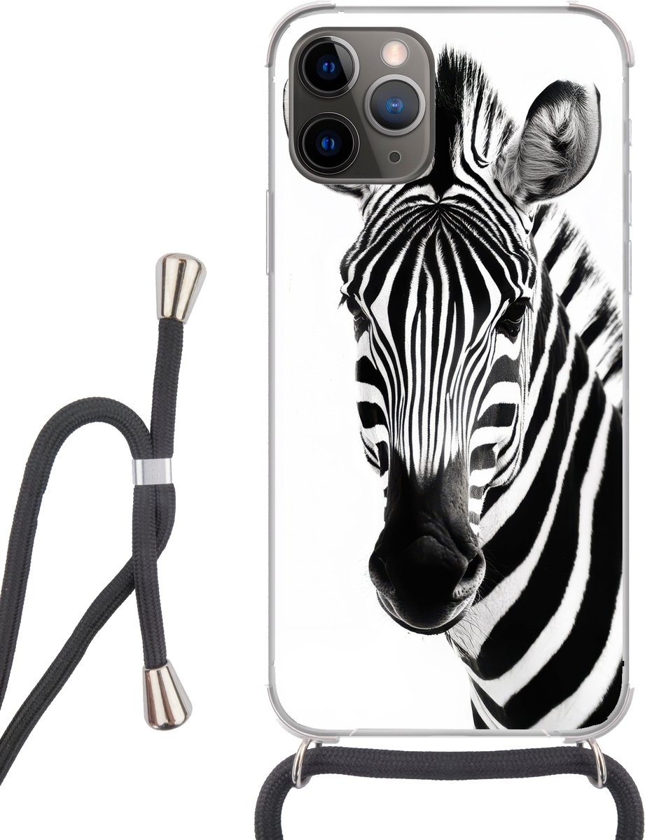 Telefoonhoesje Geschikt voor iPhone 11 Pro - Zebra - Close-up - Zwart - Strepen - Siliconen - Crossbody - Backcover met Koord - Telefoonhoesje met koord - Hoesje met touw Telefoonhoesje