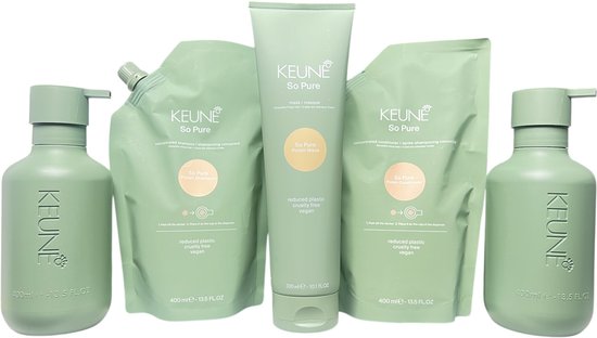 Keune So Pure Polish Shampooing 400 ml + Recharge Après-shampoing 400 ml + Tube Masque 300 ml + 2 flacons vides 400 ml