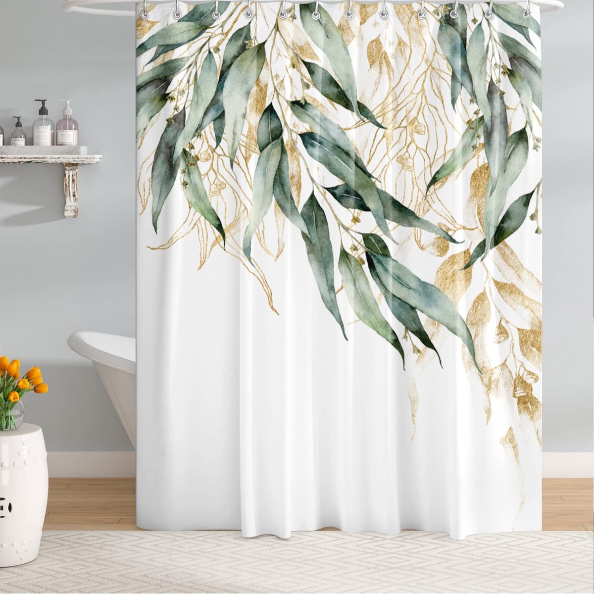 Ibenzoa® Modieus Douchegordijn Met Bladeren Print, Waterdicht En Schimmelwerend Design Inclusief Bevestigingsringen