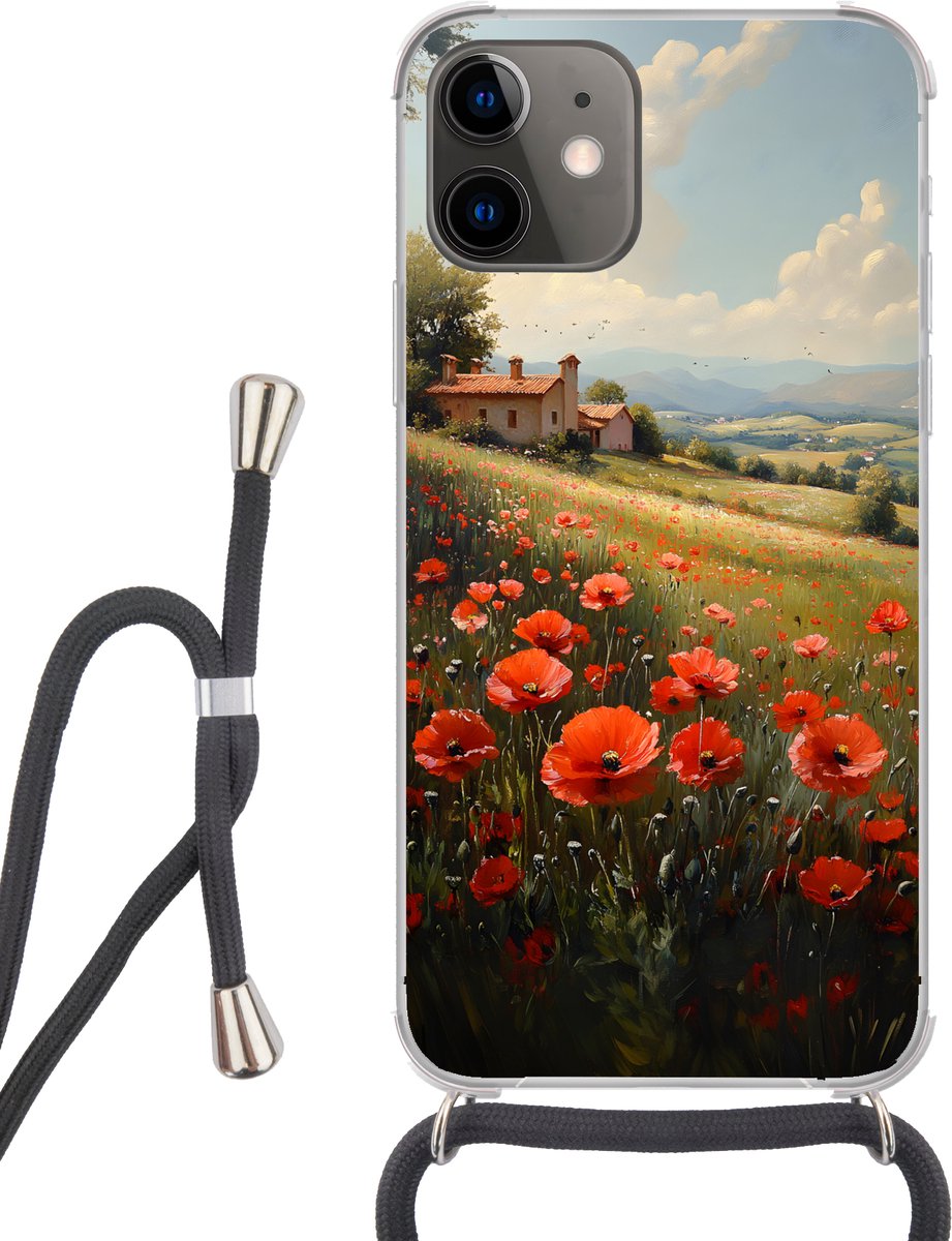 Telefoonhoesje Geschikt voor iPhone 12 Mini - Klaprozen - Rood - Heuvels - Landschap - Siliconen - Crossbody - Backcover met Koord - Telefoonhoesje met koord - Hoesje met touw Telefoonhoesje