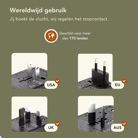 GlobeTrek® Reisstekker - Wereldstekkers - Fast Charging - Universele Wereldstekker - USB-C USB-A snel laadpoorten - 170+ landen: Engeland (UK), Amerika (USA), Australië, Japan, Zuid Amerika, Azië, Thailand, Afrika, Europa - Snellader - Reisadapter