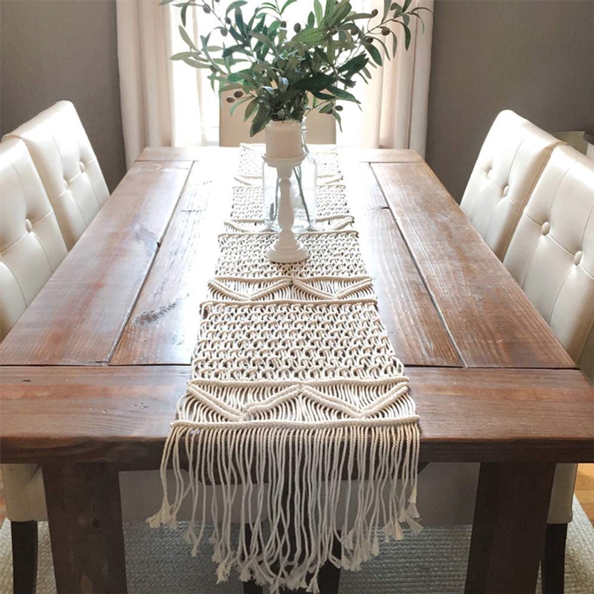 Handgeweven macramé tafelloper - Boho stijl - 1 stuk - Natuurlijk katoen - 35 cm x 240 cm