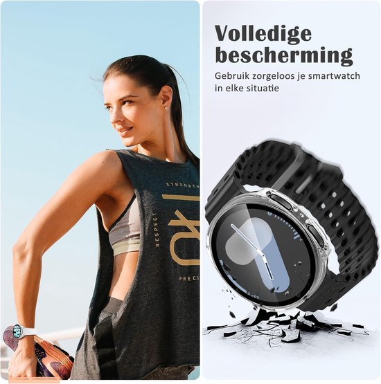 Vrouw sport met witte smartwatch. Rechts een close-up van een zwarte smartwatch in beschermhoes die valt.
