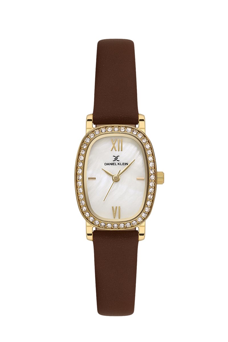 Daniel Klein DK.1.13943-3 - Horloge - Polshorloge - Analoog - Dames - Vrouwen - Leren band - Ovaal - Metaal - Romeinse Cijfers - Bruin - Goudkleurig