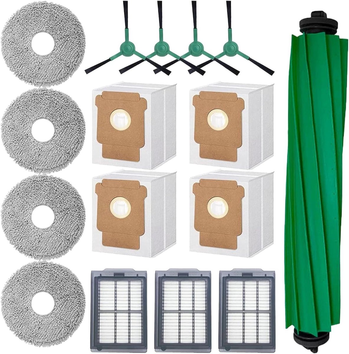 JGS Premium Vervangingsset geschikt voor iRobot Roomba Plus 405/505 Combo, 16-delig, met rubberen borstel, mopdoeken, stofzakken, filters en zijborstels
