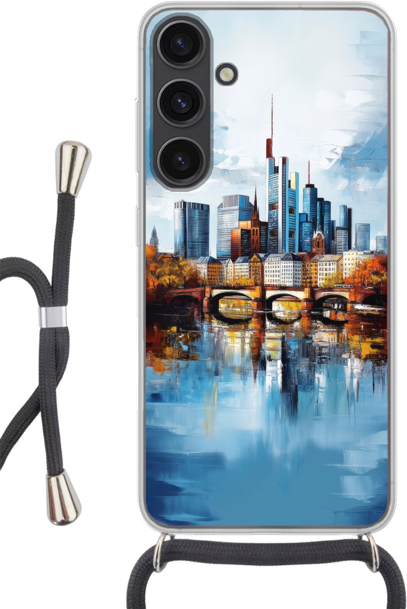 Telefoonhoesje Geschikt voor Samsung Galaxy S24 Plus - Bomen Frankfurt- Stad - Skyline - Brug - Siliconen - Crossbody - Backcover met Koord - Telefoonhoesje met koord - Hoesje met touw Telefoonhoesje