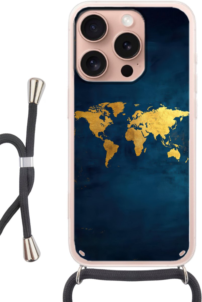 Telefoonhoesje Geschikt voor iPhone 16 Pro - Wereldkaart - Goud - Donkerblauw - Siliconen - Crossbody - Backcover met Koord - Telefoonhoesje met koord - Hoesje met touw Telefoonhoesje