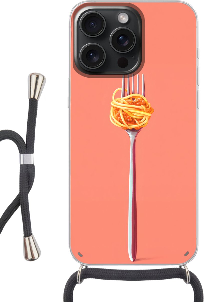 Telefoonhoesje Geschikt voor iPhone 15 Pro - Vork - Spaghetti - Artistiek - Roze - Siliconen - Crossbody - Backcover met Koord - Telefoonhoesje met koord - Hoesje met touw Telefoonhoesje