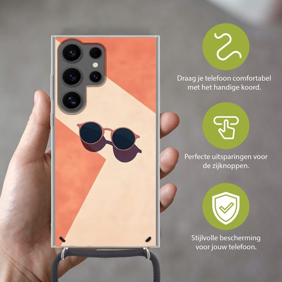 Telefoonhoesje Geschikt voor Samsung Galaxy S24 Ultra - Zonnebril - Schaduw - Oranje - Minimalistisch - Siliconen - Crossbody - Backcover met Koord - Telefoonhoesje met koord - Hoesje met touw Telefoonhoesje