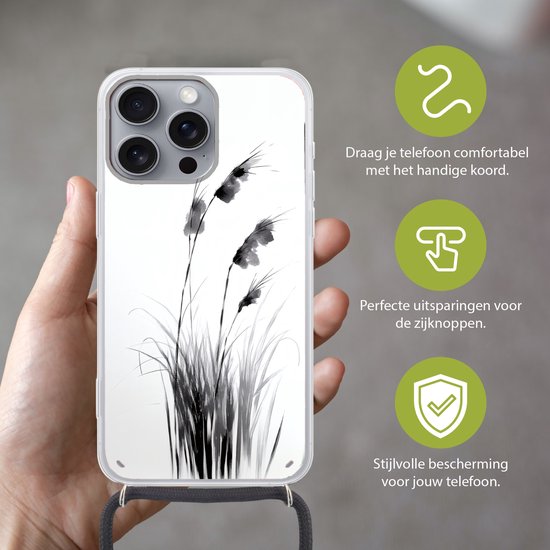 Telefoonhoesje Geschikt voor iPhone 16 Pro Max - Minimalistisch - Stelen - Wit - Siliconen - Crossbody - Backcover met Koord - Telefoonhoesje met koord - Hoesje met touw Telefoonhoesje