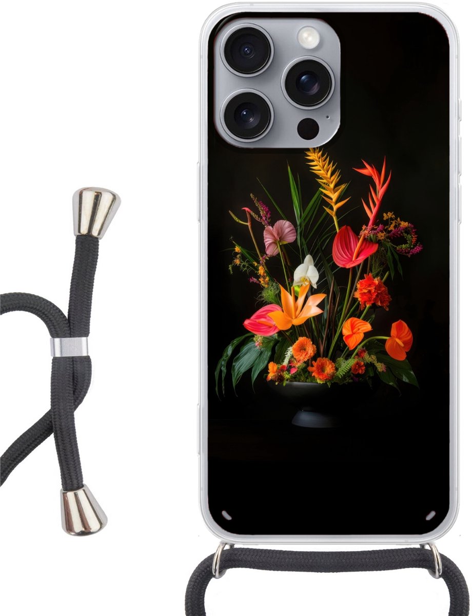 Telefoonhoesje Geschikt voor iPhone 16 Pro Max - Schaal - Boeket - Bloemen - Siliconen - Crossbody - Backcover met Koord - Telefoonhoesje met koord - Hoesje met touw Telefoonhoesje