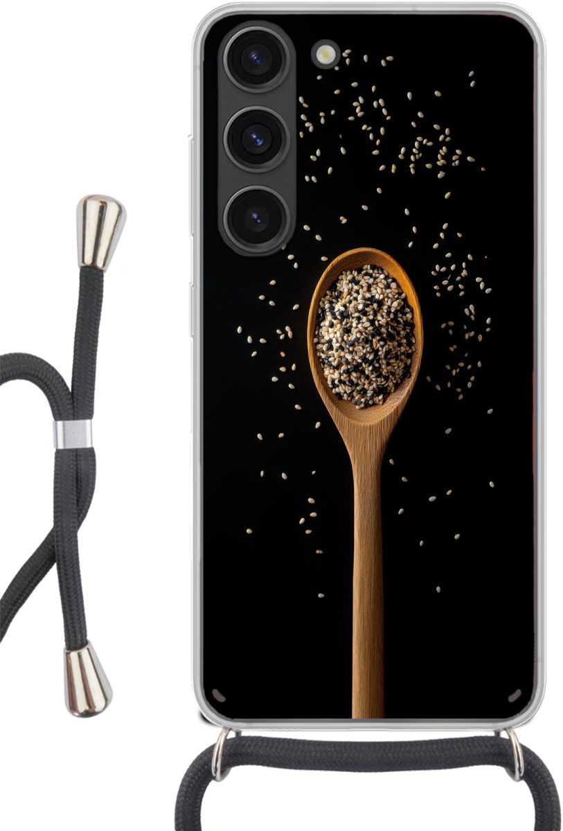 Telefoonhoesje Geschikt voor Samsung Galaxy S23 - Sesam - Lepel - Zwart - Siliconen - Crossbody - Backcover met Koord - Telefoonhoesje met koord - Hoesje met touw Telefoonhoesje