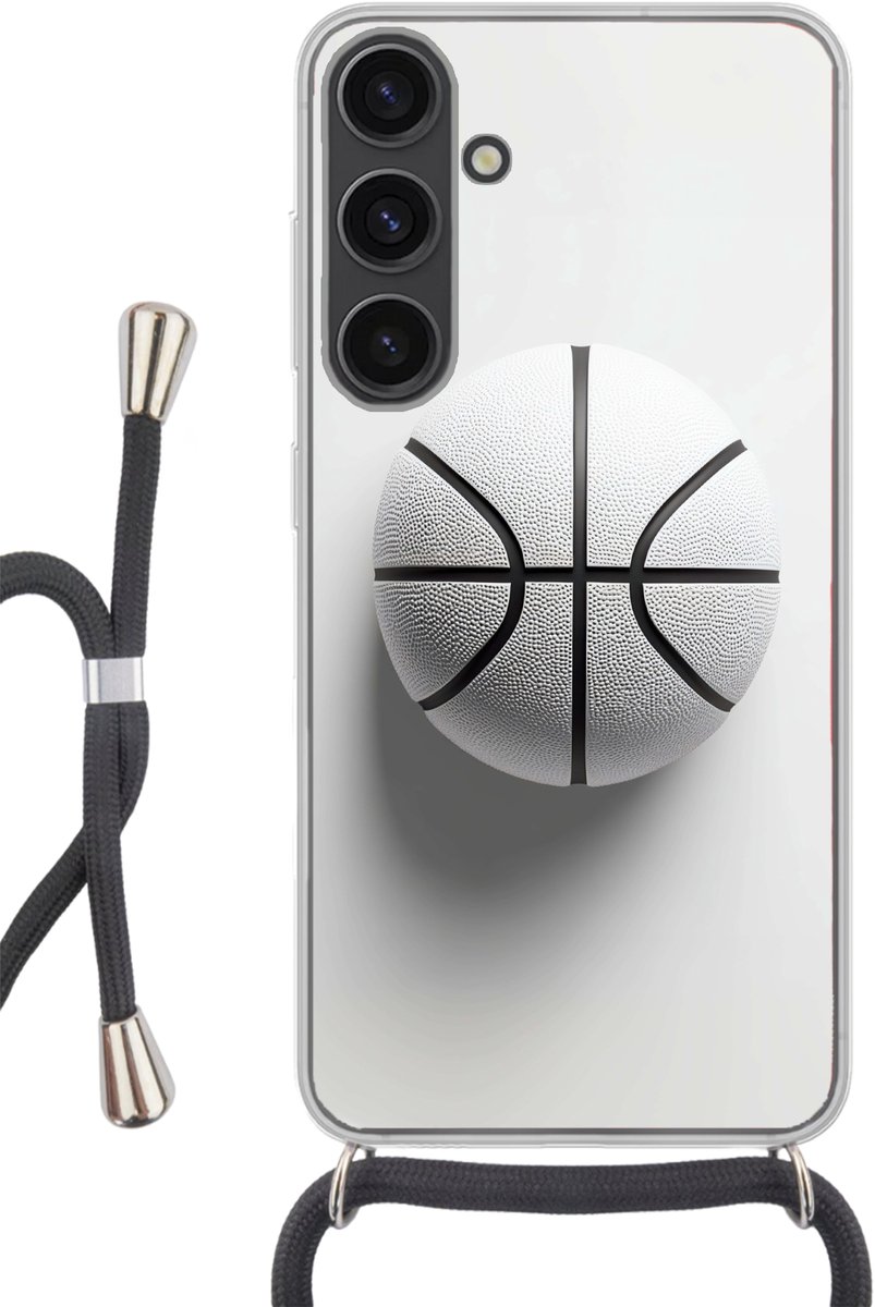 Telefoonhoesje Geschikt voor Samsung Galaxy S24 - Basketbal - Wit - Schaduw - Lijnen - Siliconen - Crossbody - Backcover met Koord - Telefoonhoesje met koord - Hoesje met touw Telefoonhoesje