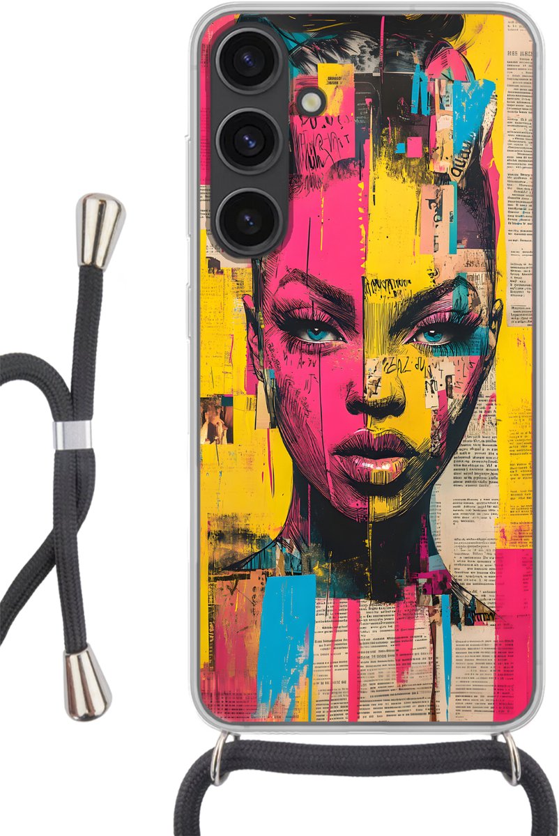 Telefoonhoesje Geschikt voor Samsung Galaxy S24 Plus - Vrouwengezicht - Krantenpapier - Abstract - Roze - Siliconen - Crossbody - Backcover met Koord - Telefoonhoesje met koord - Hoesje met touw Telefoonhoesje