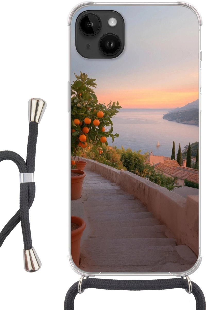 Telefoonhoesje Geschikt voor Apple Iphone 14 Max - Middelandse zee - Sinaasappel - Heuvels - Zee - Siliconen - Crossbody - Backcover met Koord - Telefoonhoesje met koord - Hoesje met touw Telefoonhoesje