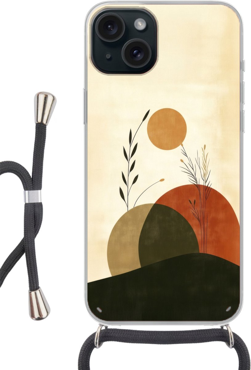 Telefoonhoesje Geschikt voor iPhone 15 Plus - Planten - Abstract - Vormen - Siliconen - Crossbody - Backcover met Koord - Telefoonhoesje met koord - Hoesje met touw Telefoonhoesje