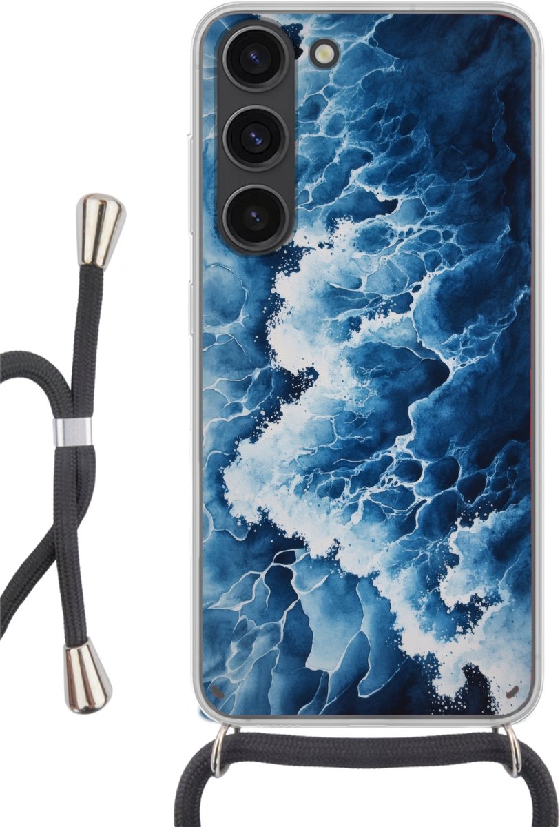 Telefoonhoesje Geschikt voor Samsung Galaxy S23 - Golven - Blauw - Schuim - Siliconen - Crossbody - Backcover met Koord - Telefoonhoesje met koord - Hoesje met touw Telefoonhoesje