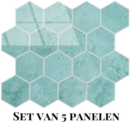 Set van 5 turquoise hexagon tegels, ook verkrijgbaar als tegelstickers.