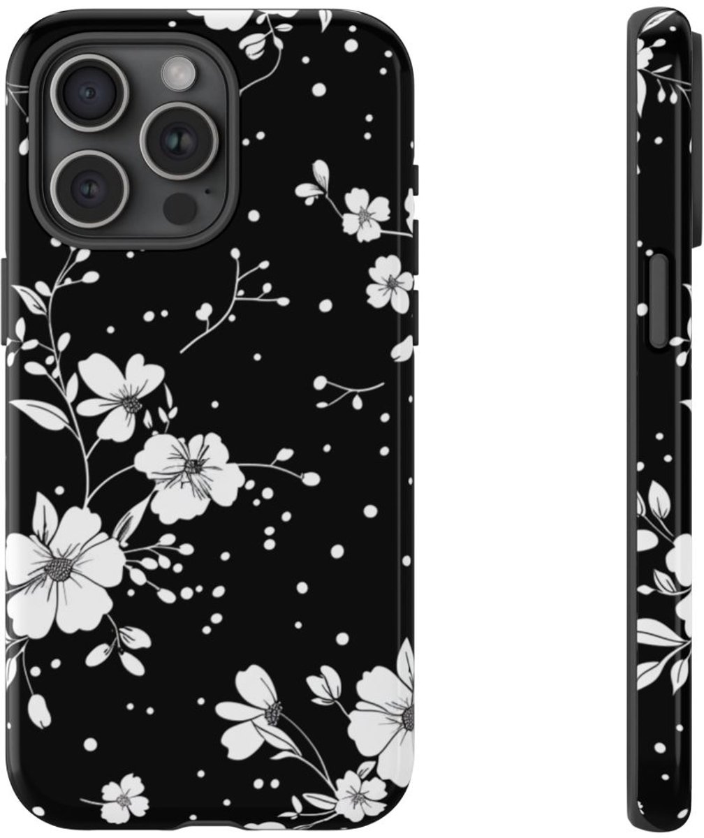 Zwart-Wit Bloemenpatroon – Telefoonhoesje Geschikt voor iPhone 15 Pro Max