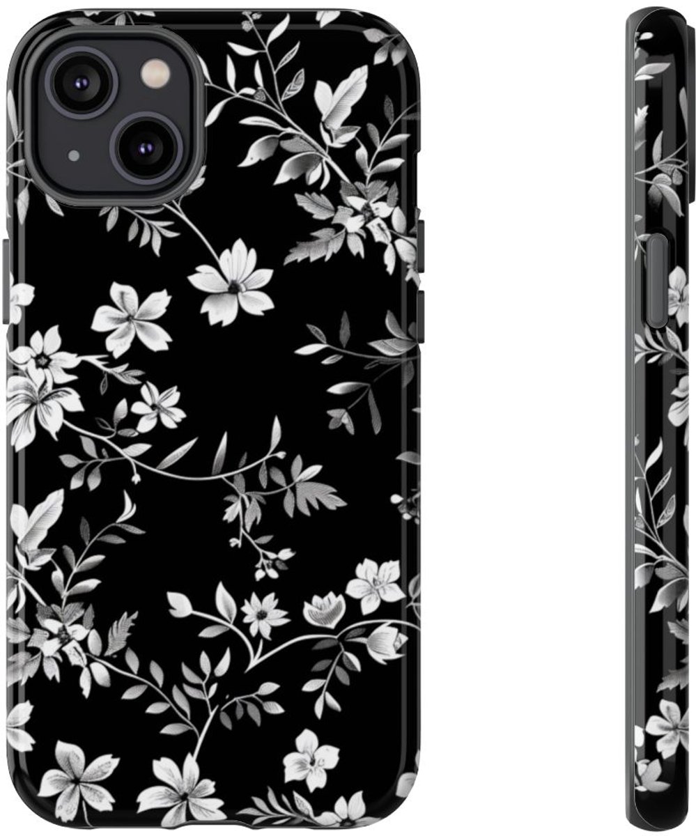 Zwart-Wit Bloemenpatroon – Telefoonhoesje Geschikt voor iPhone 14 Plus