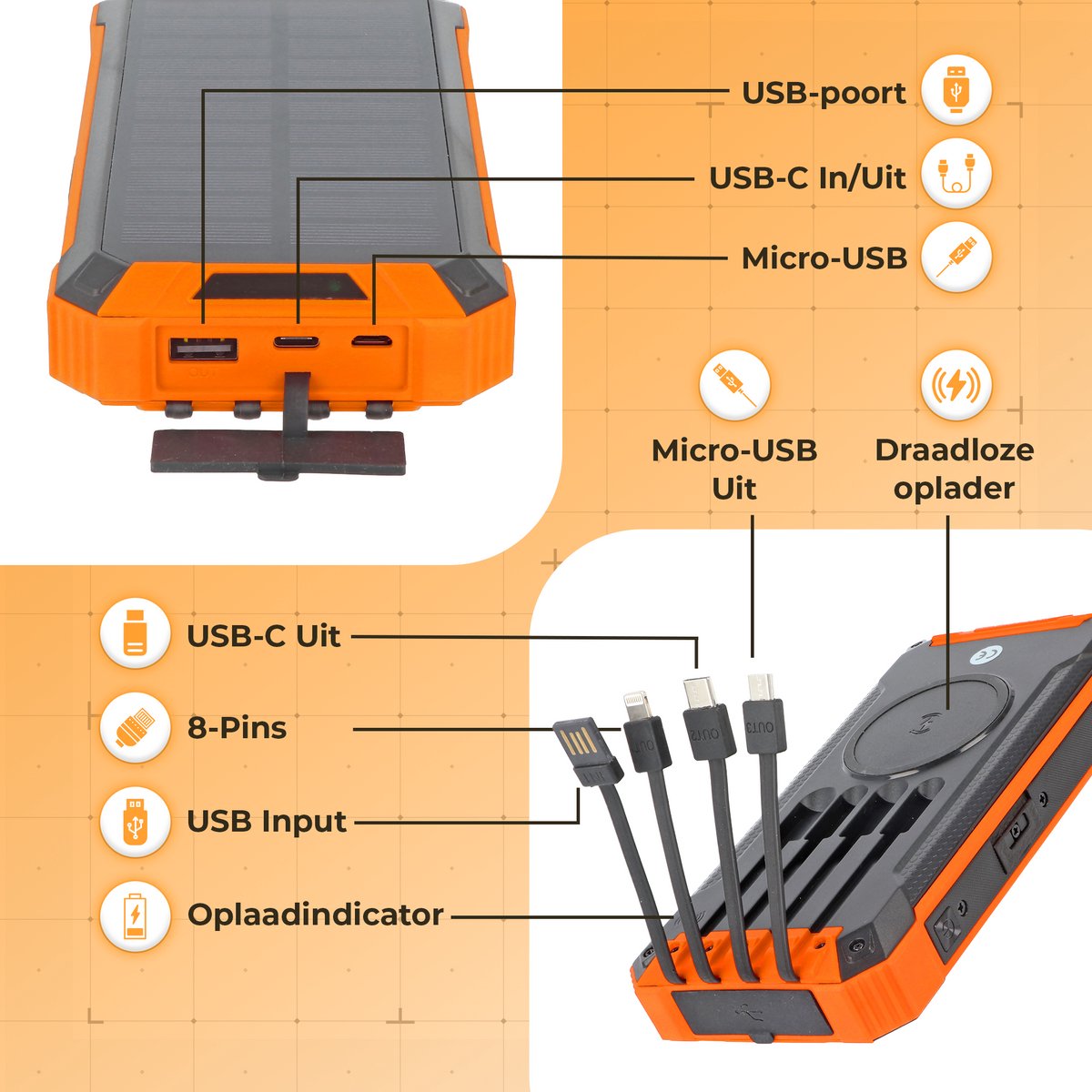 Tech Solar Powerbank 26800 mAh met Ingebouwde Kabels - afbeelding 3
