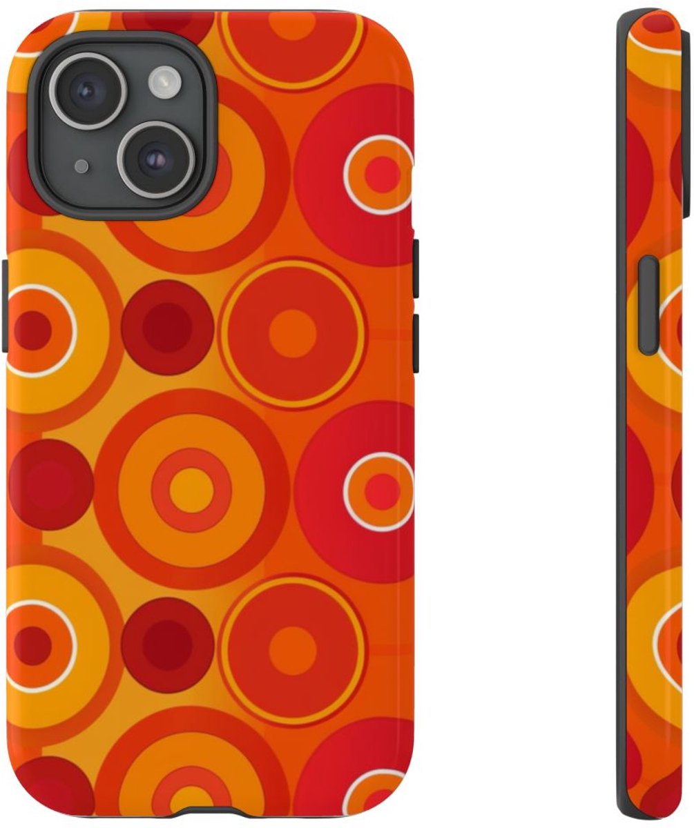 Oranje en Rode Cirkels met Glanzend Effect – Telefoonhoesje Geschikt voor iPhone 15