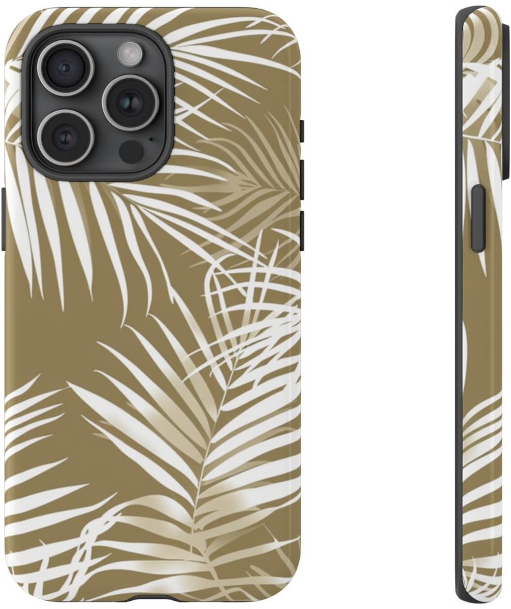 Witte Palmbladeren op Khaki Achtergrond – Telefoonhoesje Geschikt voor iPhone 15 Pro Max