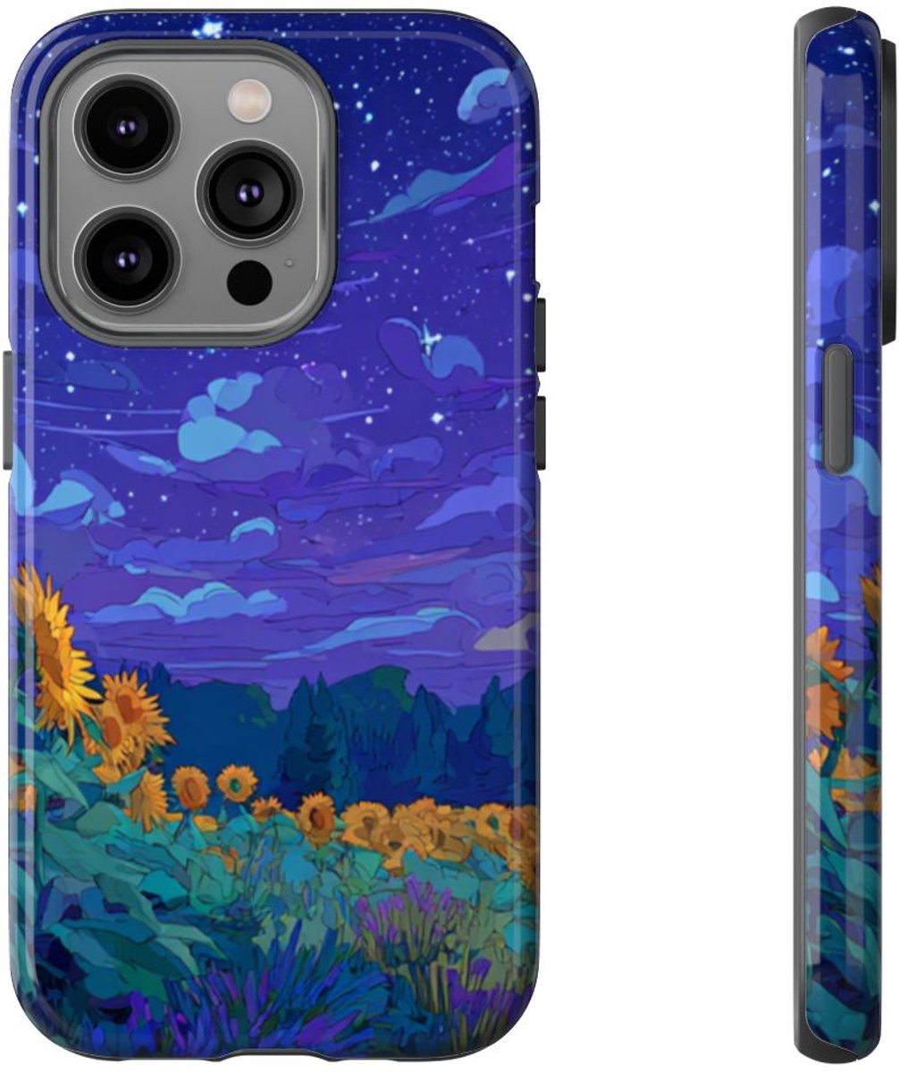 Sterrennacht Zonnebloemenveld – Telefoonhoesje Geschikt voor iPhone 14 Pro
