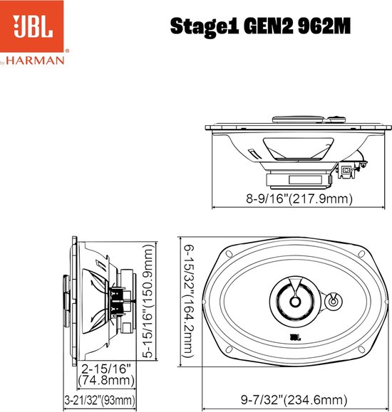 Technische tekeningen van de JBL Stage1 GEN2 962M luidspreker met afmetingen in cm en inches.