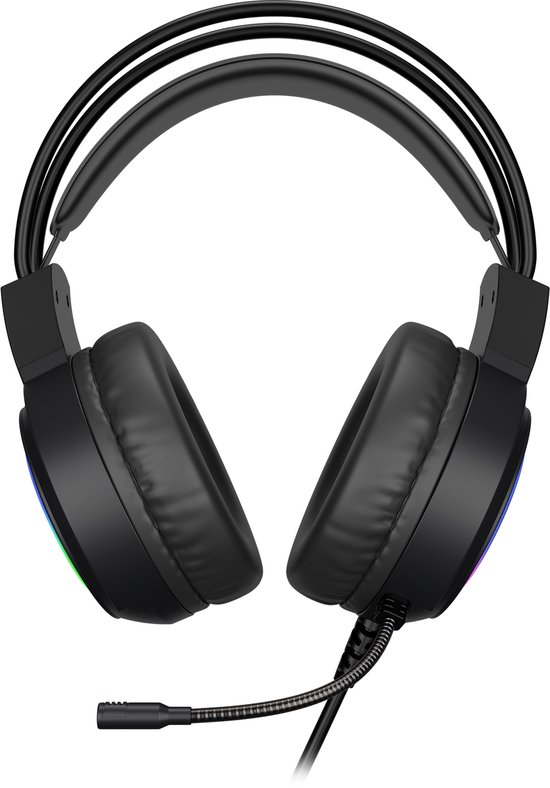 Zwarte gamingheadset met oorkussens, verstelbare hoofdband en microfoon, met RGB-verlichting op de oorschelpen.