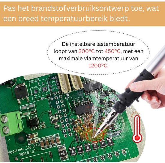 Soldeerbout met verstelbare temperatuur van 200°C tot 450°C, die op een printplaat werkt.