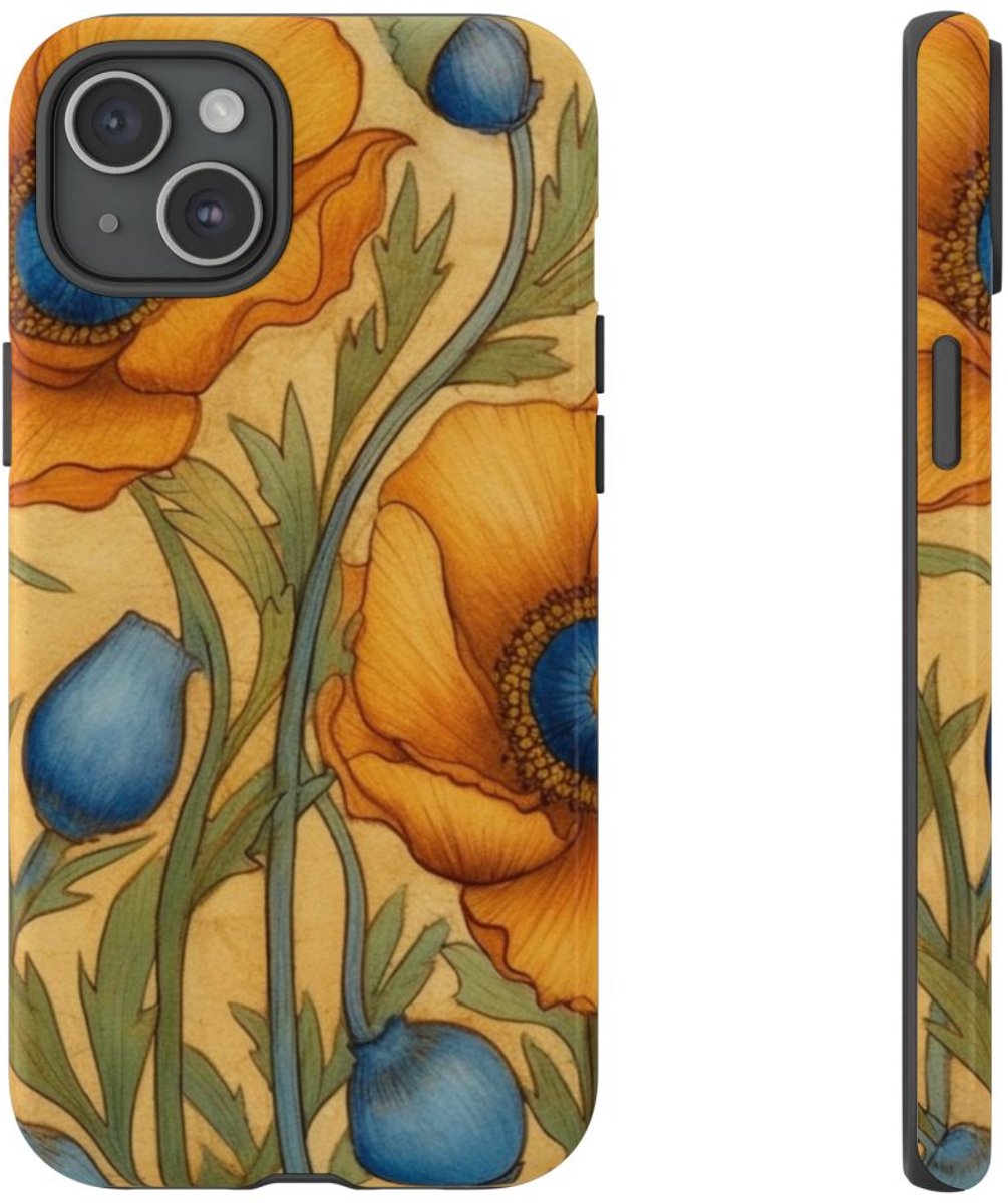 Gouden Klaprozen met Blauwe Harten – Telefoonhoesje Geschikt voor iPhone 15 Plus
