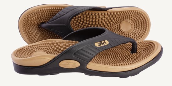 Zwarte en cognac Zori slippers met massagesysteem in het voetbed en gestructureerde zolen.
