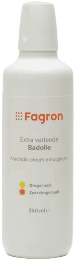 Fagron Extra Vettende Badolie, 250 ml. Verpakking met oranje en rode stippen voor droge en zeer droge huid.