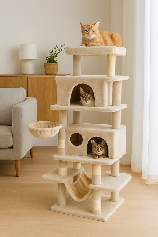 Foto: Fameilleur extra grote krabpaal voor katten extra grote kattenboom met meerdere verdiepingen krabvlakken slaapplekken tot 165 cm hoog voor binnenkatten cr me wit inclusief speelhuis hangmat stevig zacht krab paal dieren speelgoed