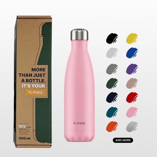 Roze FLASKE drinkfles, productverpakking en kleuropties.