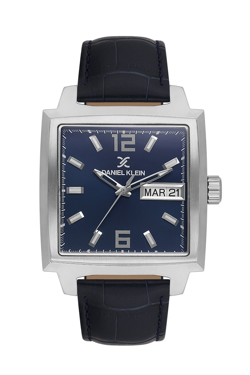 Daniel Klein DK.1.13991-3 - Horloge - Polshorloge - Analoog - Heren - Mannen - Leren band - Vierkant - Metaal - Datumaanduiding - Strepen - Cijfers - Donkerblauw - Zilverkleurig - Wit