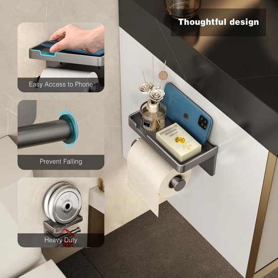 Tindbea Toiletpapierhouder voor wandmontage met plank haken voor handdoeken en badjassen, toiletrolhouder van roestvrij staal voor bevestiging aan de muur met lijm of schroeven (geborsteld goud