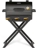 Donkergrijze Boretti gasbarbecue op een X-vormig onderstel met gele hendels en 'BORETTI' logo.