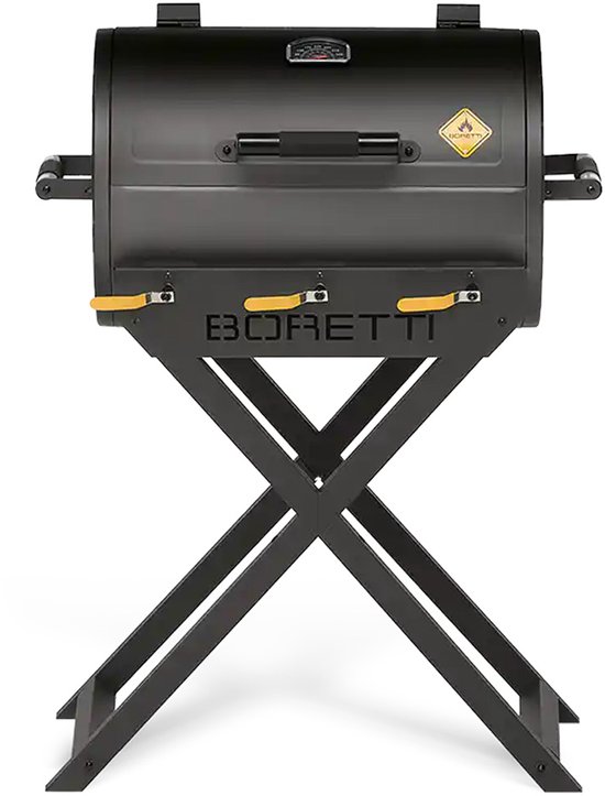 Donkergrijze Boretti gasbarbecue op een X-vormig onderstel met gele hendels en 'BORETTI' logo.