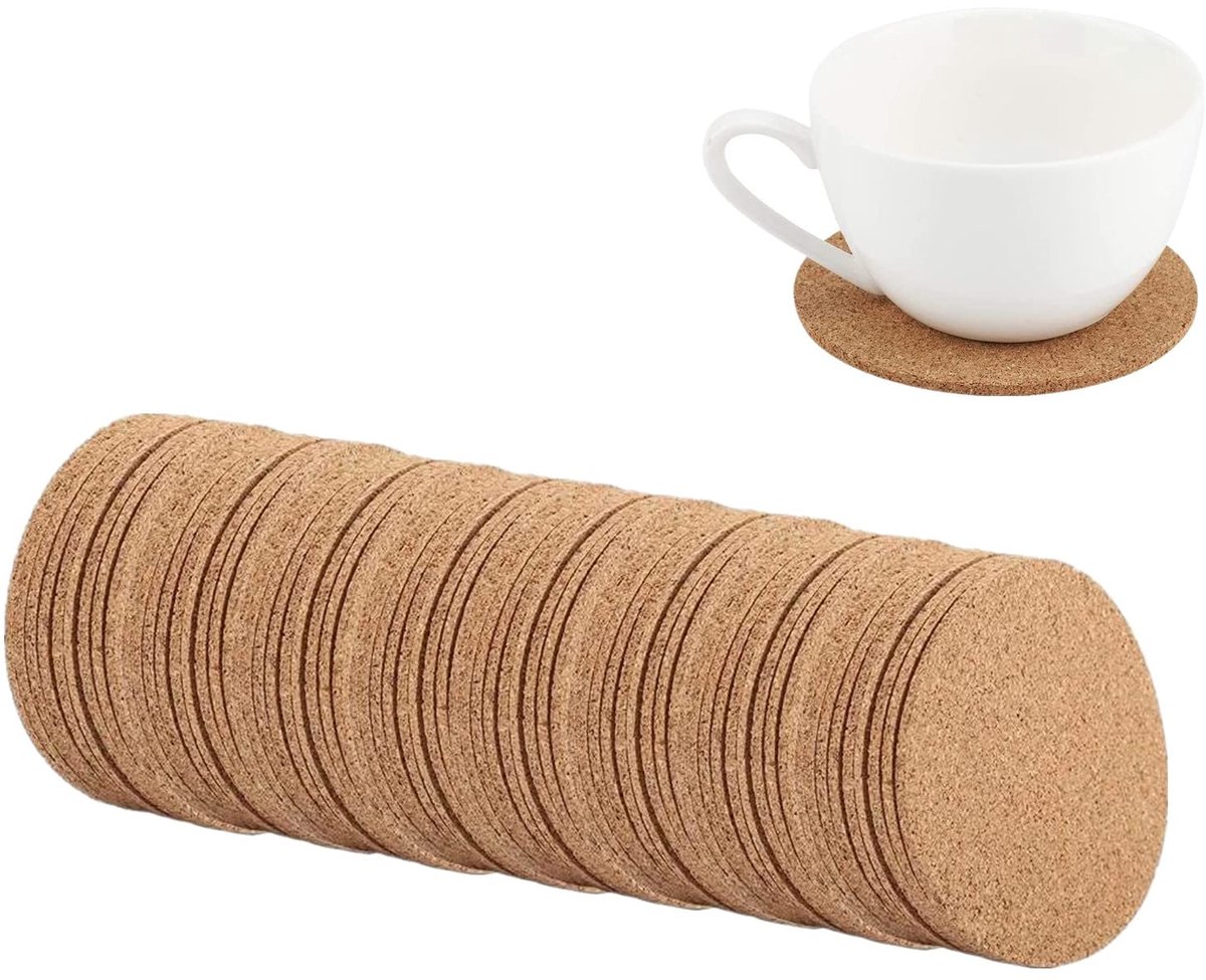 Onderzetters van natuurlijk kurk, houten onderzetters voor thee- en koffiekopjes, absorberende onderzetters voor thuis, in de bar, op café, op bruiloften en op tafelaccessoires (100 stuks)