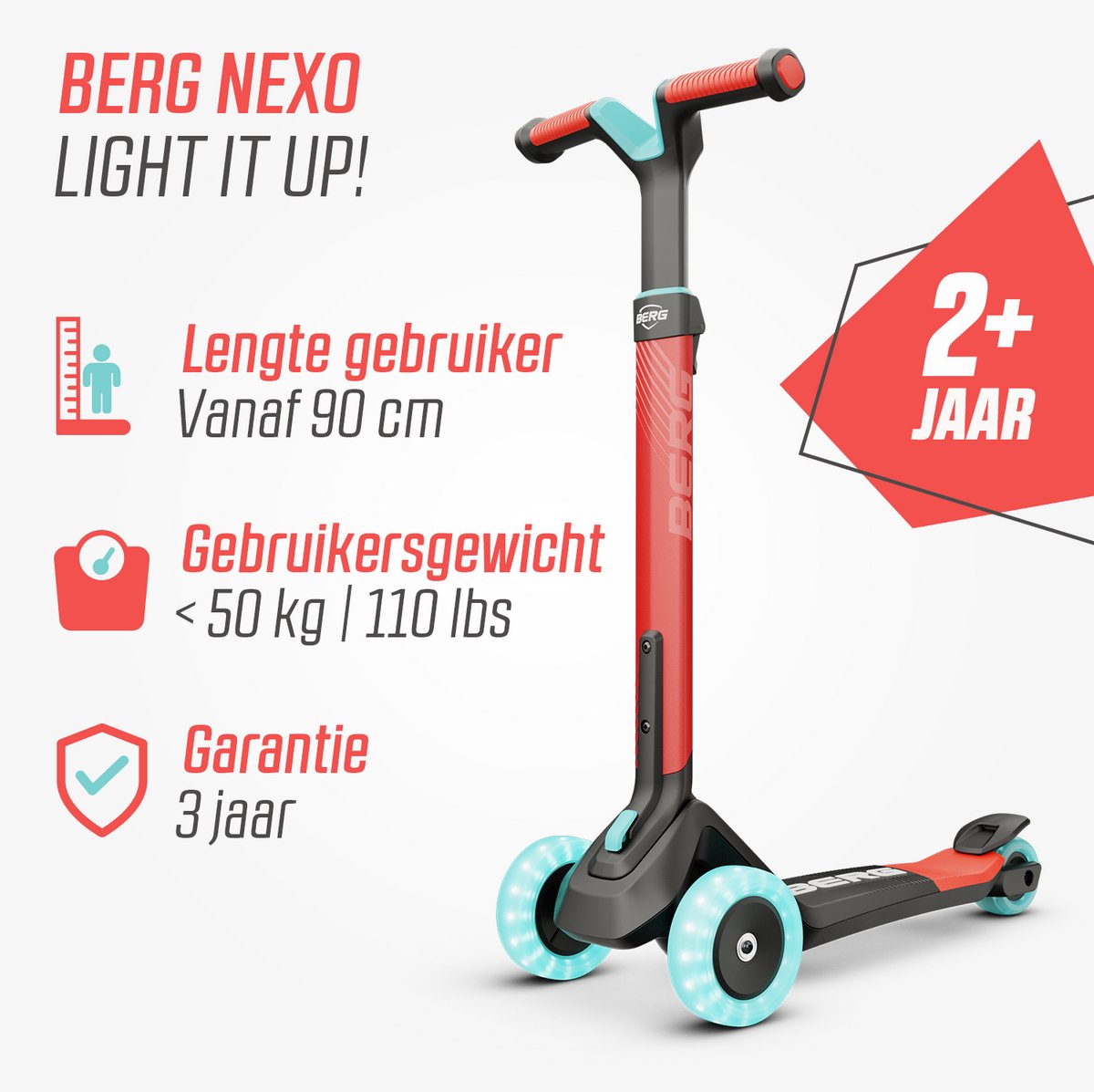 BERG Nexo Kinderstep - Step 3 wielen - Vanaf 2 jaar - Opvouwbaar - In hoogte verstelbaar - Incl. LED-deck + LED wielen - Rood — afbeelding 4