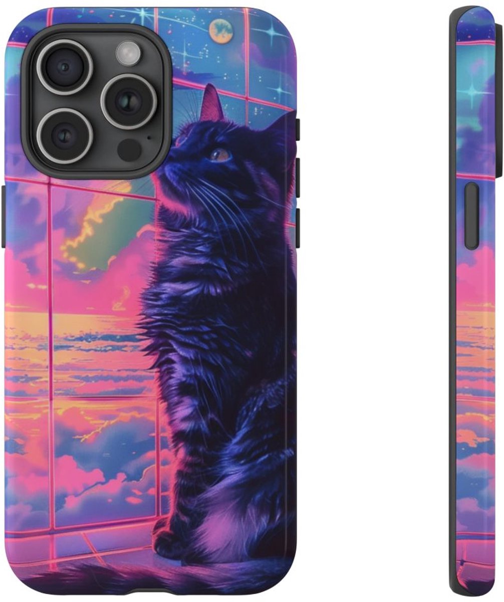 Lofi Vaporwave Kat met Neonlucht – Telefoonhoesje Geschikt voor iPhone 15 Pro Max