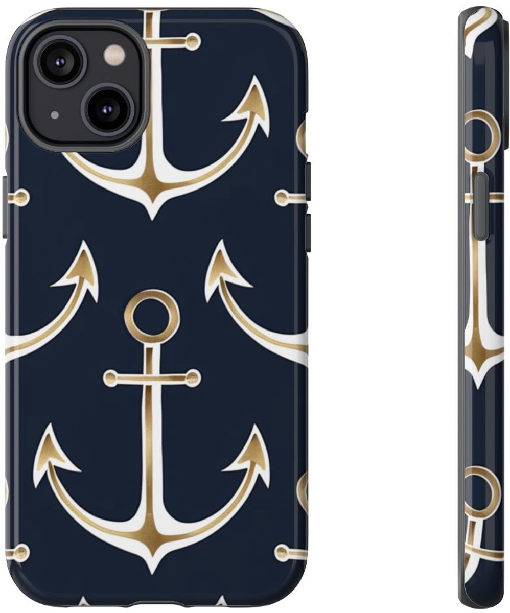 Gouden Ankers op Donkerblauwe Achtergrond – Telefoonhoesje Geschikt voor iPhone 14 Plus